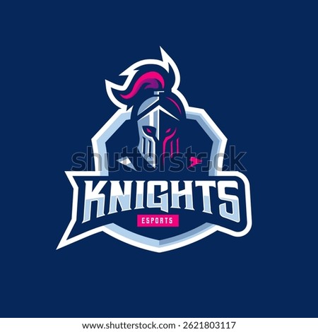 Knight Warrior in Shield symbol Logo Design. Spartan Helmet Logo Inspiration. Spartan Greek Gladiator Armor Flat Vector Icon.