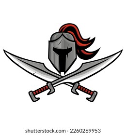 Knight Warrior Spartan Head Cross Swords Blades Mascot Logo Design Vector Icon Template