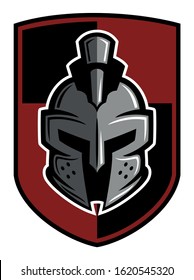Knight, warrior, spartan helmet with the shield on background, vector logo concept.