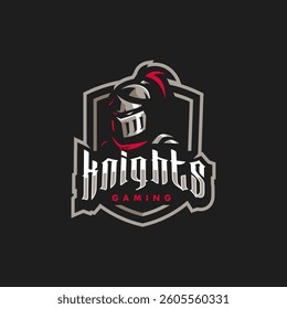 Knight warriors athletic club vector logo concept isolated on dark background. Modern sport team mascot badge design. Gaming team logo template with medieval vector illustration	