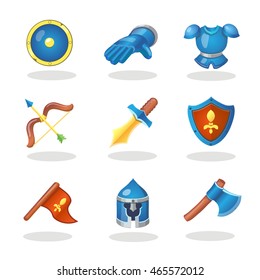 Knight weapon cartoon icons set. Medieval weapons, shields, armor, helmet bow and sword.