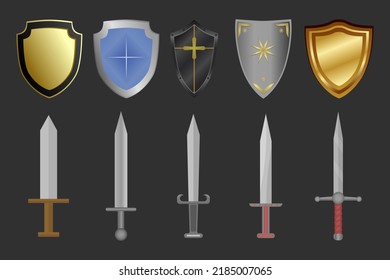 Juego de armas de caballero. Espadas y escudos. Ilustración del vector
