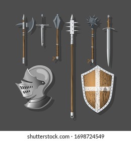 Ritterwaffen und Rüstung. Kriegsschwert, Schild und Helm. Realistisches 3D-Mittelaltersymbol für Spiel. Vektorillustration