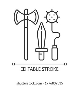 Knight weapons linear icon. Medieval times. Arming sword and lance. Mace, battle-axe. Tournaments. Thin line customizable illustration. Contour symbol. Vector isolated outline drawing. Editable stroke
