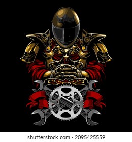 a knight wearing a helmet with a sprocket, t-shirt design, biker, motorcycle club, patch, naked bike, cool helmet, arai, shoei, ls2, agv, Motorradfahrer, motorrijder, motard
