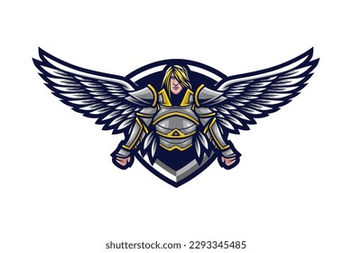 Knight with wing mascot logo cartoon gaming illustration vector