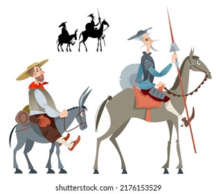 Knight-errant Don Quixote with his servant Sancho Panza. Vector illustration 

