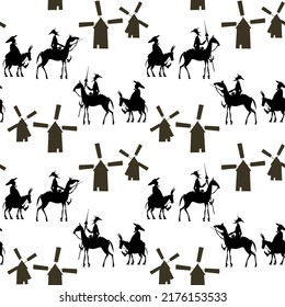 Knight-errant Don Quixote with his servant, Sancho Panza and windmills. Black and white. Seamless background pattern. Vector illustration 