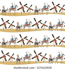 Knight-errant Don Quixote with his servant, Sancho Panza and windmills. Seamless background pattern. Vector illustration 