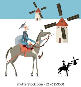 Nachtschwärmer Don Quixote und Windmühlen. Vektorgrafik

