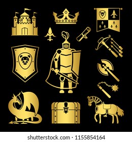 Knighthood in middle ages icons. Gold medieval ancient armor and coat of arms, knight and helmet vector signs
