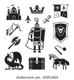 Knighthood in Middle Ages Icons. Medieval ancient armor and coat of arms, knight and helmet vector signs