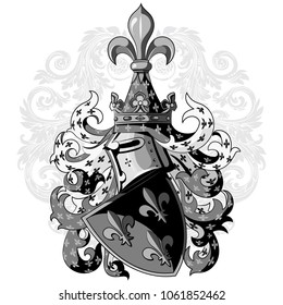 Knightly coat of arms. Heraldic medieval knight helmet, shield and Medieval knight ornament, isolated on white, vector illustration