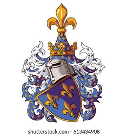 Knightly coat of arms. Medieval knight heraldry, vector illustration, isolated on white