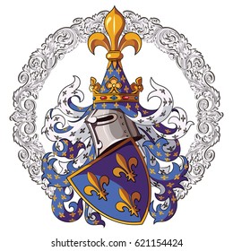 Knightly coat of arms. Medieval knight heraldry and Medieval knight ornament, vector illustration, isolatyed on white