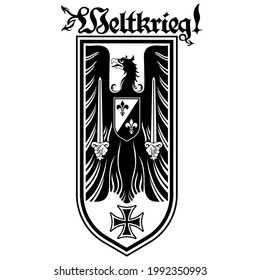 Knightly design. Heraldic eagle with swords, iron cross and inscription - World war, isolated on white, vector illustration