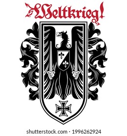 Knightly design. Heraldic eagle with swords, iron cross and inscription - World war, isolated on white, vector illustration