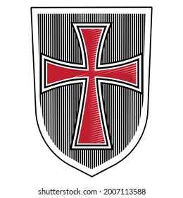 Knightly design. Knight Crusader Heraldic Shield with Cross, isolated on white, vector illustration