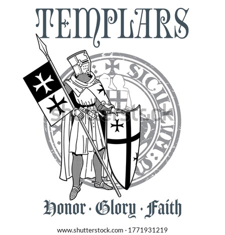Knightly design. Knight Templar in armor with a spear, shield, flag and Medieval knight seal, isolated on white, vector illustration
