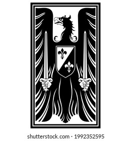 Knightly design. Medieval heraldic emblem design, heraldic eagle, and knights shield, isolated on white, vector illustration