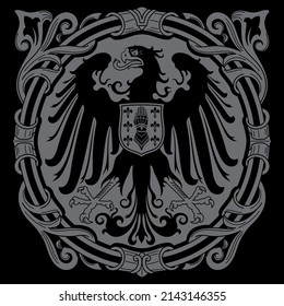  Knightly design. Medieval heraldic emblem design, heraldic eagle, and knights shield, isolated on black, vector illustration