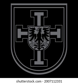 Knightly design. Shield of the Teutonic Knights with Cross and Heraldic Eagle, isolated on black, vector illustration