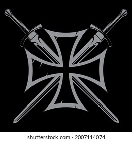 Diseño ameno. Cruz teutónica y dos espadas de caballero cruzadas, aisladas en negro, ilustración vectorial