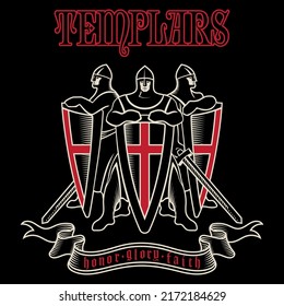 Diseño ameno. Templario de los tres guerreros con espadas y escudos, ilustración vectorial