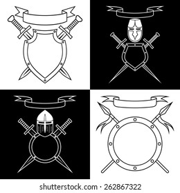 Knightly emblems. Set of black and white contours.