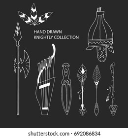Knightly hand drawn elements collection. Vector illustration with helmet, spear and arrows.