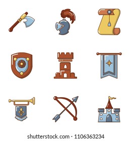Knightly icons set. Cartoon set of 9 knightly vector icons for web isolated on white background