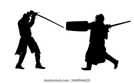 Caballeros en escudo de armadura espada lucha vector ilustración de silueta aislado. Batalla de combate medieval. Héroe protege la pared del castillo. Hombre armado defiende el honor de la familia. Proteger al país del enemigo.