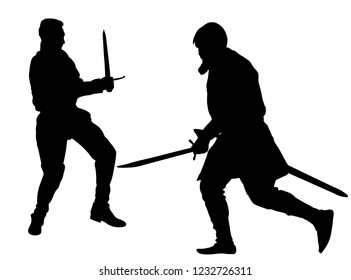 Knights in armor with sword in battle vector silhouette isolated. Medieval fighters duel. Hero keeps castle walls. Armed brave man defends honor of his family and people. Defend country against enemy.