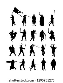 Knights in armor with sword in battle vector silhouette. Medieval fighters duel. Hero keeps castle walls. Armed brave man defends honor of his family and people. Defend country against enemy. Hangman