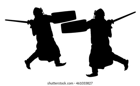 Knights in armor with sword in battle vector silhouette isolated. Medieval fighters duel. Hero keeps castle walls. Armed brave man defends honor of his family and people. Defend country against enemy.
