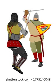 Caballeros armados con ilustración vectorial de lucha de espada aislados en blanco. Combatiente medieval en batalla. El héroe protege las paredes del castillo. Hombre armado defiende el honor de la familia y el pueblo. Proteger el país contra el enemigo