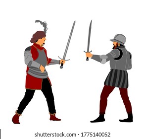Caballeros armados con ilustración vectorial de lucha de espada aislados en blanco. Combatiente medieval en batalla. El héroe protege las paredes del castillo. Hombre armado defiende el honor de la familia y el pueblo. Proteger el país contra el enemigo
