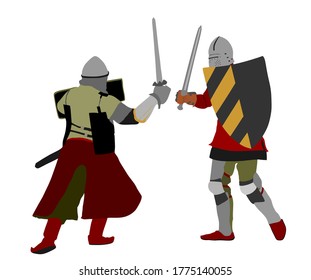 Knights in armor with sword fight vector illustration isolated on white. Medieval fighter in battle. Hero protects castle walls. Armed man defend honor of family and people. Protect country against enemy