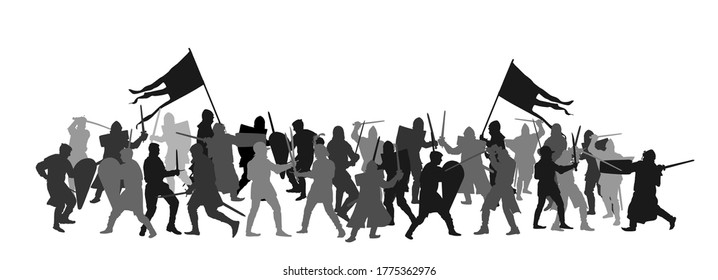 Knights in armor with sword fight vector silhouette isolated on white. Medieval fighters in battle. Hero protects castle walls. Armed man defend honor of family people. Protect country against enemy.