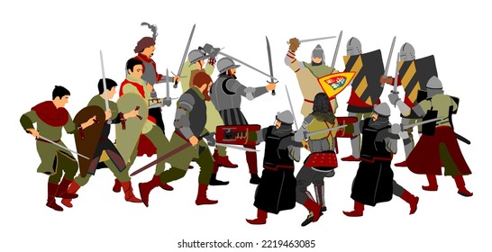Knights in armor with sword fight vector illustration isolated on white. Medieval fighters in battle. Hero protects castle walls. Armed man defend honor of family people. Protect country against enemy