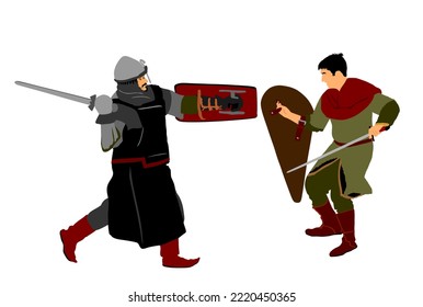 Caballeros armados con ilustración vectorial de lucha de espada aislados. Combatiente medieval en batalla. El héroe protege las paredes del castillo. Hombre armado defiende el honor de la familia y el pueblo. Proteger el país contra el enemigo.