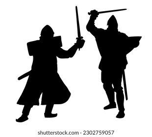 Knights in armor with sword fight vector silhouette illustration isolated. Medieval fighter battle. Hero protects castle walls. Armed man defend honor of family people. Protect country against enemy.