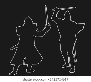 Knights in armor with sword fight vector line contour silhouette illustration isolated. Medieval fighter battle. Hero protects castle. Armed man defend honor family people. Protect country vs enemy.
