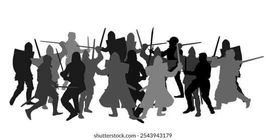 Knights in armor with sword fight vector silhouette isolated on white. Medieval fighters in battle. Hero protects castle walls. Armed man defend honor of family people. Protect country against enemy.