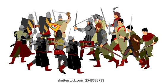 Caballeros en armadura con Ilustración vectorial de lucha de espada aislada en blanco. Combatientes medievales en batalla. Héroe protege las paredes del castillo. Un hombre armado defiende el honor de la familia. Proteger al país contra el enemigo