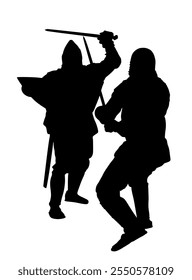 Caballeros en armadura con la ilustración de la silueta del Vector de la lucha de la espada aislada. Batalla de luchadores medievales. Héroe protege las paredes del castillo. Un hombre armado defiende el honor de la familia. Proteger al país contra el enemigo.