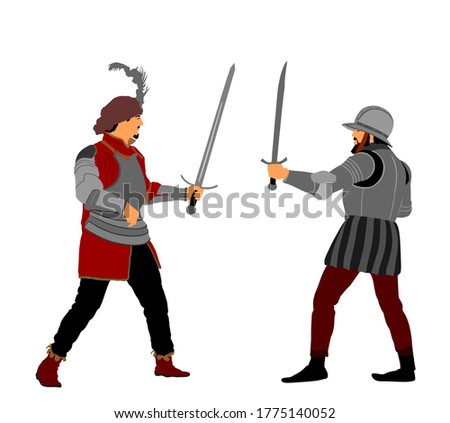 Knights in armor with sword fight vector illustration isolated on white. Medieval fighter in battle. Hero protects castle. Armed man defend honor of family and people. Protect country against enemy
