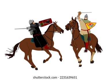 Ritter in Rüstung mit Schwert und Schild Reiten, Vektorgrafik einzeln. Pferdekampfflugzeuge aus dem Mittelalter in der Schlacht. Cavalryman-Held hält Burgmauern. Kalvarier bewaffneter Mann verteidigen gegen den Feind.