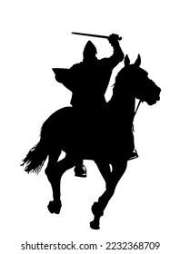 Knights in armor with sword and shield riding horse vector silhouette isolated. Horseman medieval fighters in battle. Cavalryman hero keeps castle walls. Calvary armed man defend country against enemy