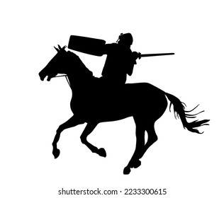 Knights in armor with sword and shield riding horse vector silhouette isolated. Horseman medieval fighters in battle. Cavalryman hero keeps castle walls. Calvary armed man defend country against enemy